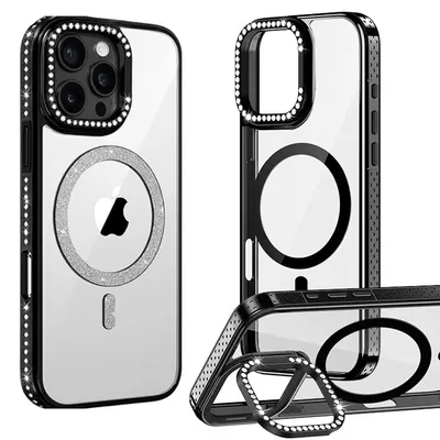 Husa Crystal MagSafe, Suport camera, iPhone 15 Pro, Strasuri si sclipici, Protectie antisoc, Negru Engros