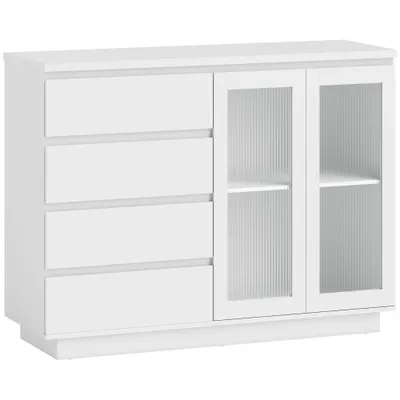 HOMCOM Bufet din Lemn cu 4 Sertare și Dulap cu Uși de Sticlă și Rafturi Reglabile, 120x40x91 cm, Alb | Aosom Romania
