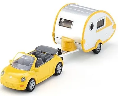 Mașinuță din metal Siku - VW Beetle decapotabila cu rulota