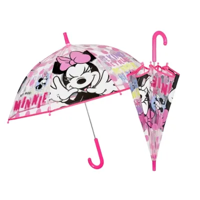 Umbrelă manuală pentru copii Minnie Mouse – 45 cm, cupolă transparentă POE, sistem antivânt din fibră de sticlă, design roz cu buline