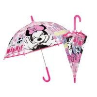Umbrelă manuală pentru copii Minnie Mouse – 45 cm, cupolă transparentă POE, sistem antivânt din fibră de sticlă, design roz cu buline