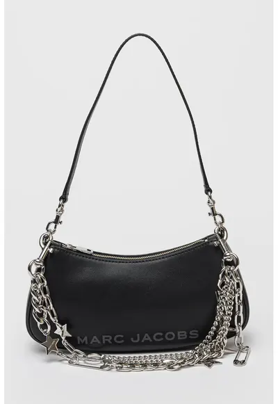 Geanta crossbody din piele cu bareta detasabila din lant - Negru stins