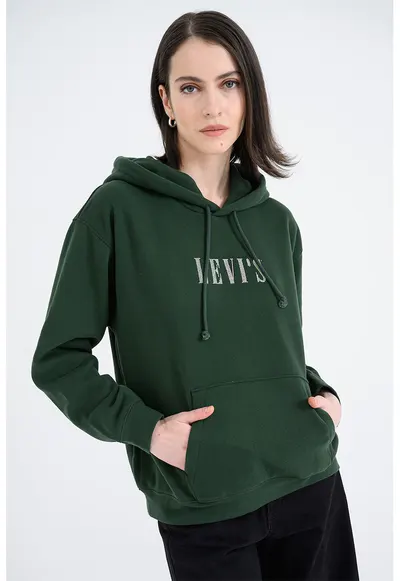 Hanorac din amestec de bumbac cu logo si buzunar kangaroo - Verde inchis