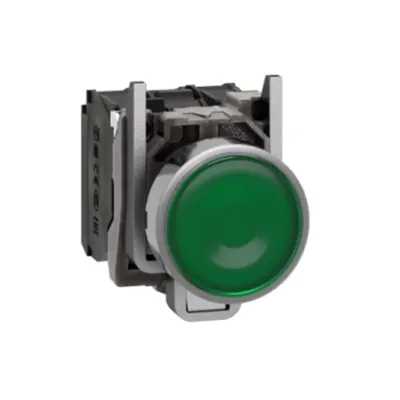 Buton luminos verde, incastrat complet Ø22 cu revenire cu arc 1NO+1NC 24V