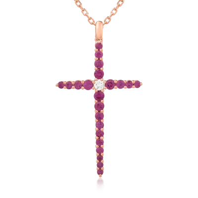 Lant cu pandantiv cruce din aur roz cu diamant de 0.09ct si rubine de 1.08ct