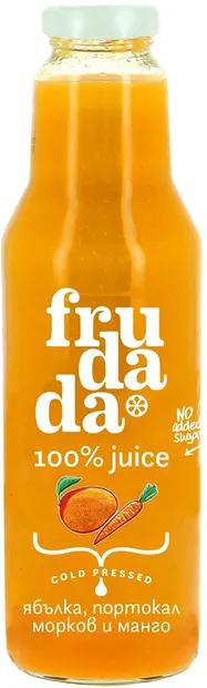 Suc presat la rece, măr, portocală, morcov și mango, 750 ml, Frudada