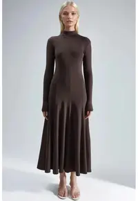 Rochie Midi A-Line cu Maneca Lunga - Maro Cafea - Jerseu
