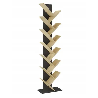 Bibliotecă verticală JUMI, 222x50x24 cm, MDF negru-stejar, tip arbore pentru cărți și decorațiuni