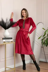 Rochie din catifea Layla cu centura in talie si detaliu boho-floral - Grena