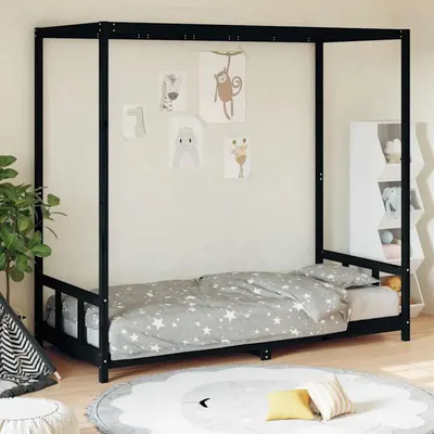 vidaXL Cadru de pat pentru copii, negru, 90x190 cm, lemn masiv de pin
