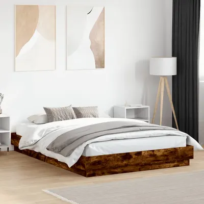 vidaXL Cadru de pat cu lumini LED, stejar fumuriu, 140x200 cm