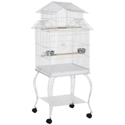 PawHut Colivie pentru Păsări cu Roți Colivie Mare cu Suport și Raft pentru Nimfă Conură de Soare 50x49x137 cm Alb | Aosom Romania