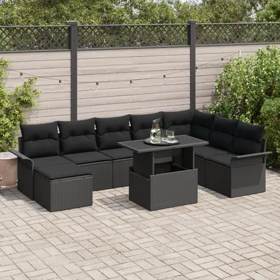 Gossi set de canapea de gradina 9 piese cu perne negru poliratan