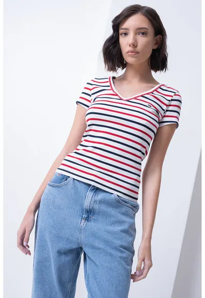 Tricou striat cu decolteu in V - Alb/Rosu vermillion/Bleumarin