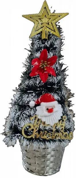 Brad artificial de Craciun Novokids Mini Christmas Tree Verde cu varfuri ninse, pentru casa si birou, Cu decoratiuni si suport incluse, Inaltime 35 cm