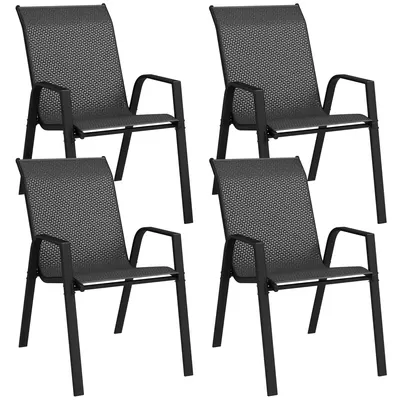 Outsunny Set 4 Scaune Stivuibile din Ratan pentru Exterior, cu Cotiere și Spătar, Ideal pentru Terasă, Verandă, Gri | Aosom Romania