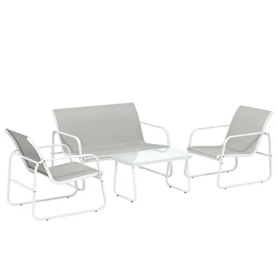 Outsunny Set de grădină exterior de 4 piese cu canapea de 2 locuri, 2 fotolii, masă cu sticlă securizată, textilene gri deschis | Aosom Romania