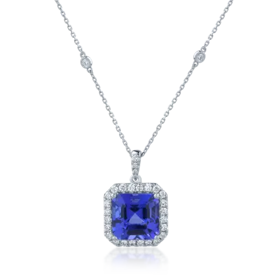 Lant cu pandantiv din aur alb cu tanzanit square de 7.18ct si diamante de 0.63ct