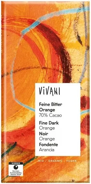Ciocolată bio naturală cu portocală, 80 g, Vivani