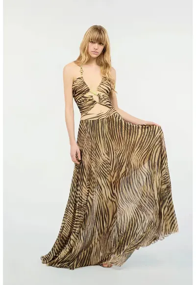 Rochie lunga cu animal print si bretele reglabile - Maro