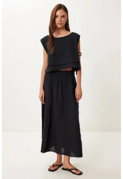 Set asortat Happiness Istanbul - bluza fara maneci si fusta cu croiala larga - 100% bumbac 55375 - Negru