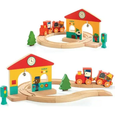 Set Tren din lemn cu sine si statie, Minitrain, Djeco 06389