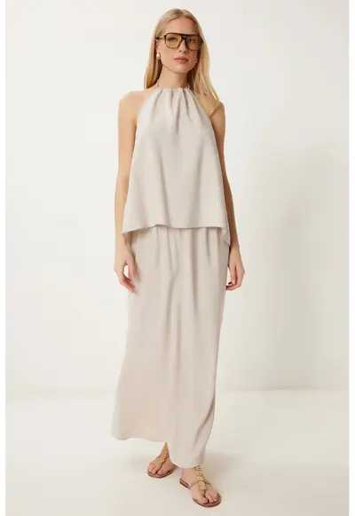 Set asortat Femei - Happiness Istanbul - Bluza cu guler halter si Fusta Maxi - Piatra Naturala - Elegant - 90% modal