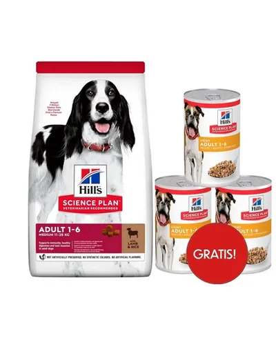 HILL'S Science Plan Canine Adult Medium Lamb & Rice 18 kg hrană caini talie medie, miel si orez + 3 conserve GRATIS