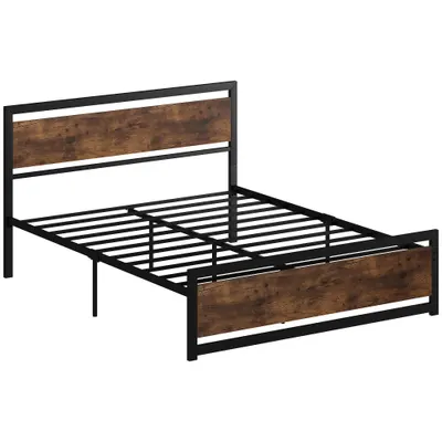 HOMCOM Cadru Pat Matrimonial din Lemn si Otel 160x200cm, Sipci Integrate si Tetiera in Stil Industrial, Negru Maro Rustic