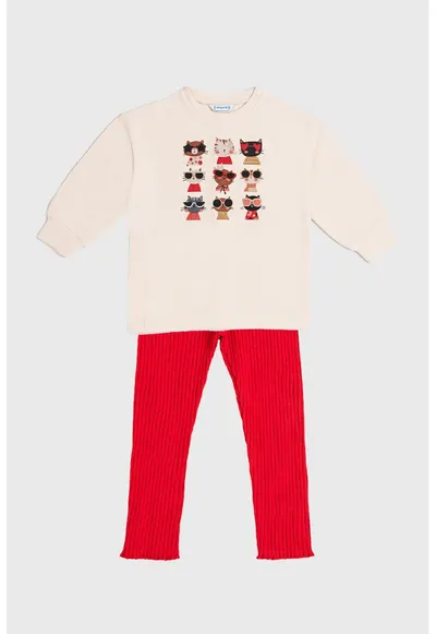 Set de bluza de trening si colanti - 2 piese - Rosu vermillion/Bej deschis