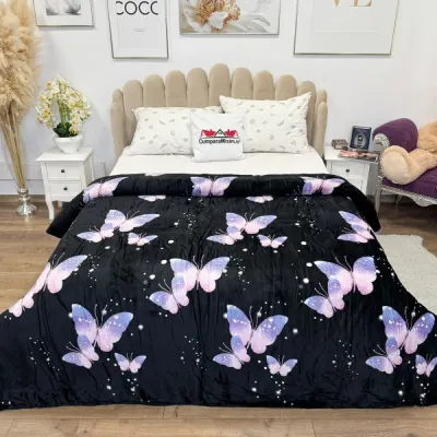 Patura pufoasa cocolino 200x230cm, 240g/mp, Negru, Fluturi
