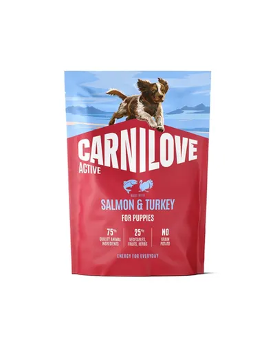 Hrană pui câine CARNILOVE Active Dog Salmon & Turkey Puppies 1,5 kg somon și curcan