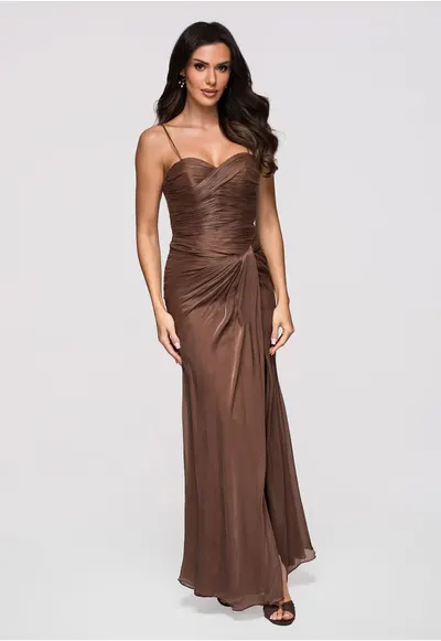 Rochie maxi cu decolteu in forma de inima si material satinat - Maro