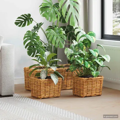 vidaXL Coș pentru plante cu depozitare 3 buc. Maro Natural Ratan Kubu