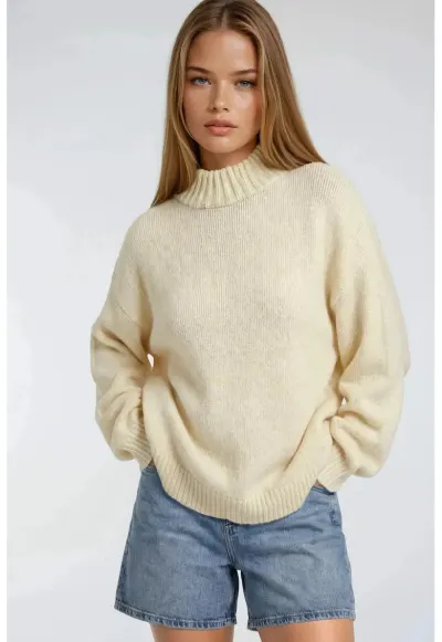 Pulover dama - guler rotund - croiala lejera - bej - acril/poliester - One Size