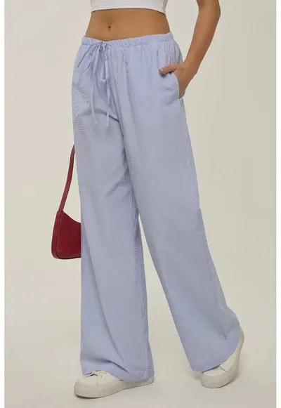 Pantaloni dama - din bumbac cu dungi - talie elastica - albastru