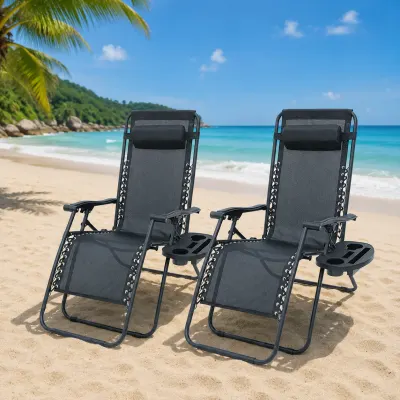 Set 2 sezlonguri Rabatabile Zero Gravity cu Suport pentru Pahar – Relaxare Totală Oriunde