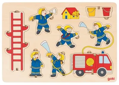 Puzzle din lemn Goki - Detasament de pompieri, puzzle care sta vertical