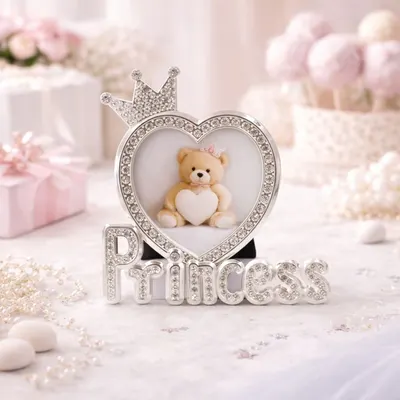 Ramă Foto Princess AZAY cu Coroană și Cristale, 8x8 cm, Ramă Foto Bebeluși, Cadou Botez / Nou-Născut, Cutie Cadou Inclusă