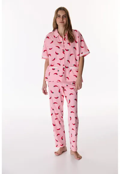 Pijama lunga cu maneci scurte - Roz