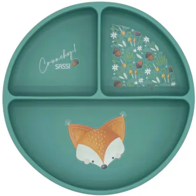 Farfurie din silicon cu ventuză Sassi - Crunchy The Fox, verde