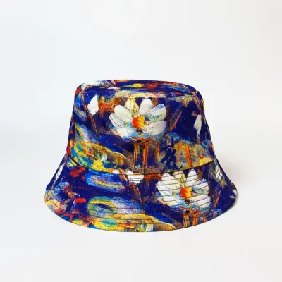 Palarie tip bucket unisex cu doua fete imprimata cu reproducere dupa o pictura cu nuferi