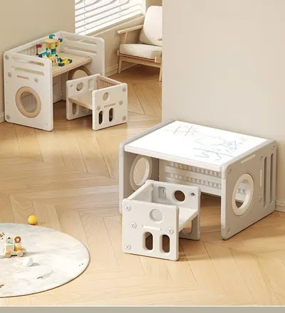 Set mobilier pentru copii Nichiduta Garden GreyWhite, sistem modular compus din birou si 2 scaunele, multifunctional, ergonomic