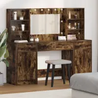 vidaXL Set masă de toaletă cu LED 3 buc. Stejar fumuriu Lemn prelucrat
