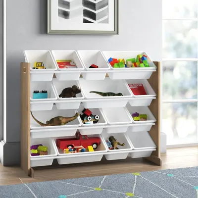 Organizator din lemn Ginger Home Wood Alb pentru jucarii si carti,cu 16 cutii de depozitare din plastic interschimbabile de diferite dimensiuni,utilizare camera copii,gradinite,afterschool