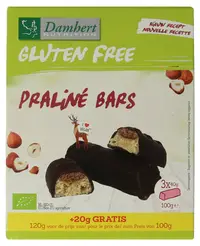 Batoane bio cu pralină de alune și ciocolată neagră, 120 g, Damhert