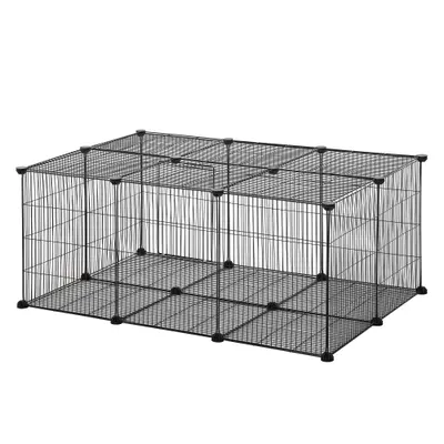 Pawhut Cușcă pentru Iepuri și Animale Mici cu 22 Panouri Modulare din Metal cu Ușă, 105x70x45 cm, Negru | Aosom Romania