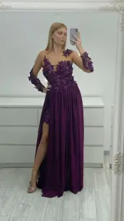 Rochie lunga din voal cu broderie florala 3D