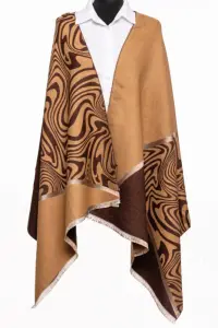 Esarfa premium cashmere cu jocuri de linii si volume, camel si maro