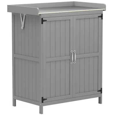Outsunny Dulap de Exterior, Dulap pentru Ustensile cu Blat din Metal și Raft, Banc de Lucru din Lemn cu 2 Uși pentru Grădină, Terasă, Curte, Gri | Aosom Romania